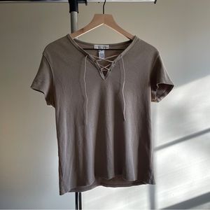 Boho Style Light Brown Short Sleeve Cotton Shirt with Light Pink Lace-up, Med.